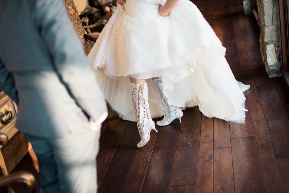 Shawna-Evangeline-Elliot-Vintage-Lace-Wedding-Boot Bride wearing Evangeline Elliot Vintage Lace Wedding Boots