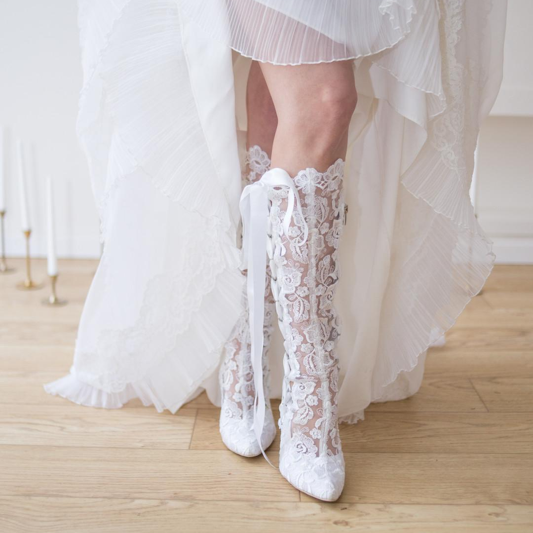 White knee high victorian bridal boots