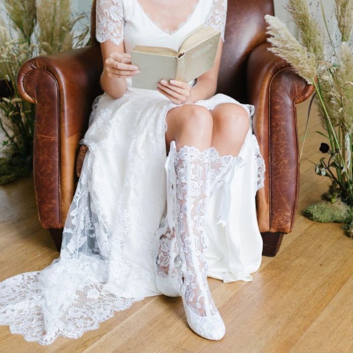 Evangeline Elliot Vintage White Lace Knee High Wedding Boots