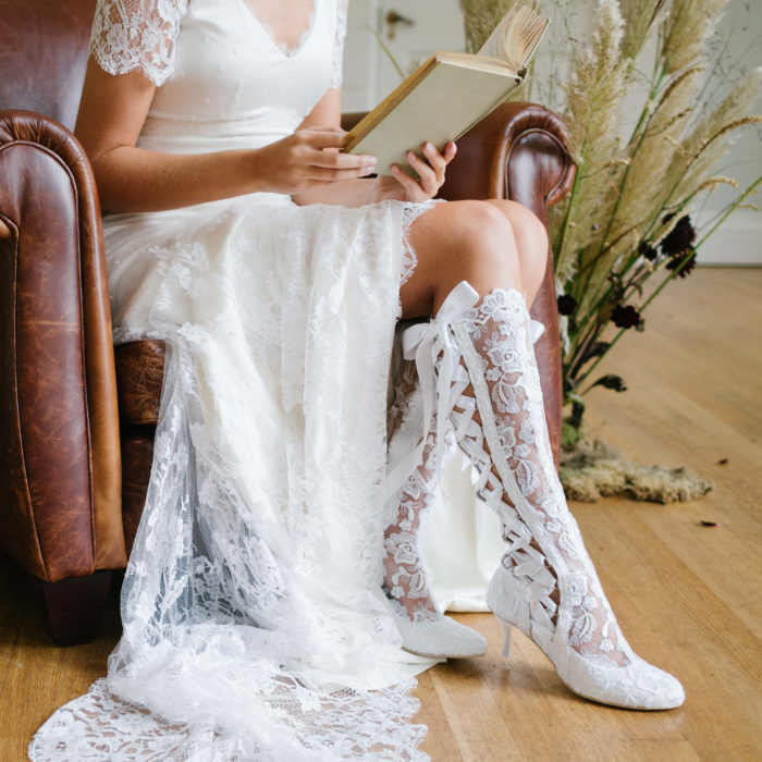 Evangeline Elliot White Lace Knee High Vintage Wedding Boots