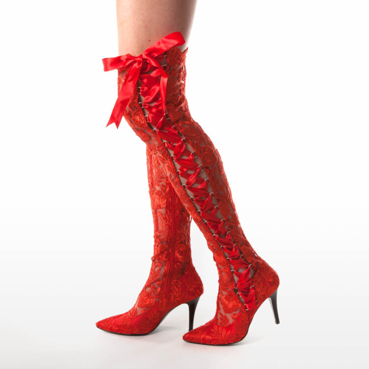 Goodnight Sweetheart Red Lace Boots Red Lace Over The Knee Boots