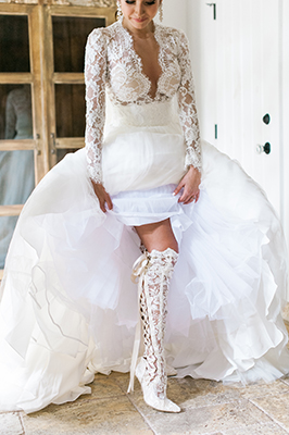 Real House of Elliot Bride Kathleen wearing handmade over the knee lace boots by House of Elliot