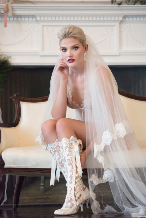 Bride wearing Evangeline Elliot Lace Wedding Boots with Veil