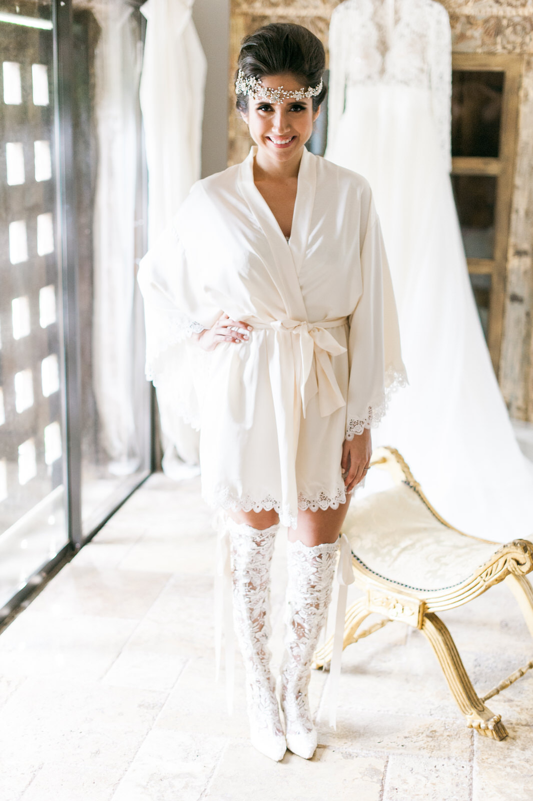 Beautiful Bride Kathleen getting ready in her House of Elliot ivory lace over the knee 'Goodnight Sweetheart' lace bridal boots