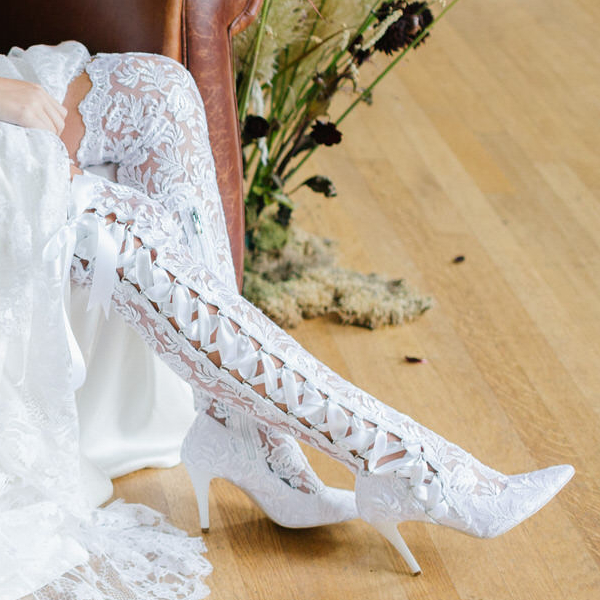 Goodnight Sweetheart White Lace Over the Knee bridal boots