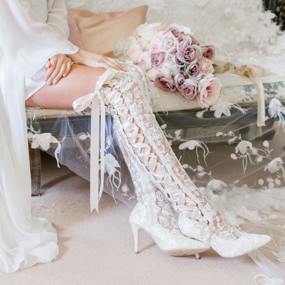 Over the knee Ivory Lace Wedding Boots ...