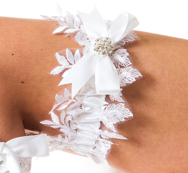 White Garter Close Up White Lace Handmade Wedding Garter by House of Elliot