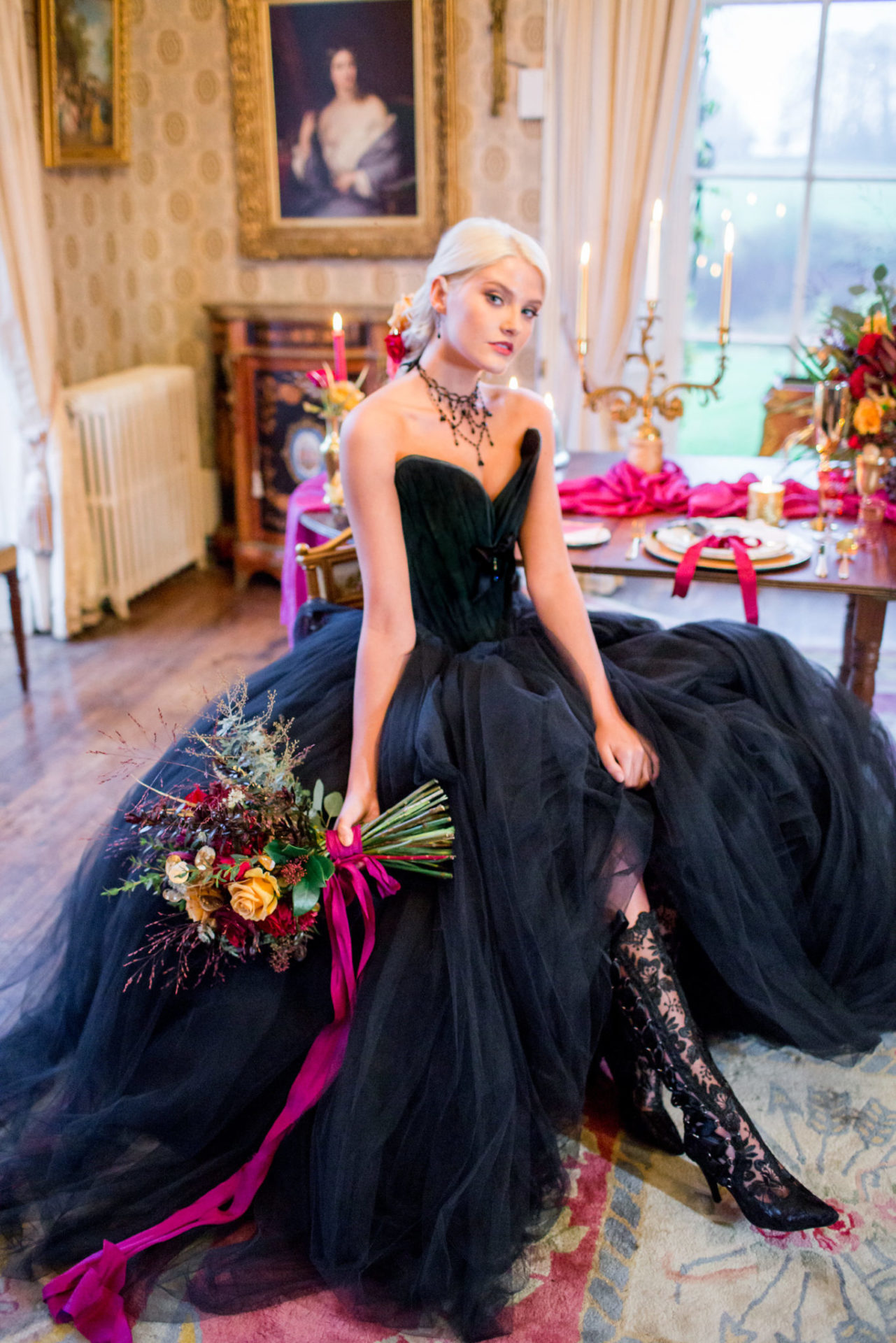 Black Baroque Wedding Dress paired with black lace boots