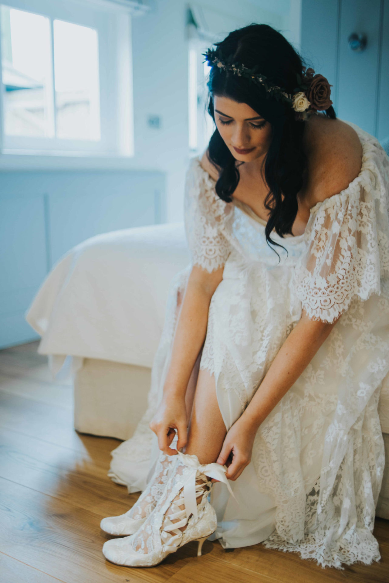 Boho Inspired Wedding Shoot Lottie Elliot vintage lace ankle boots Daughters of Simone Laurence Dress