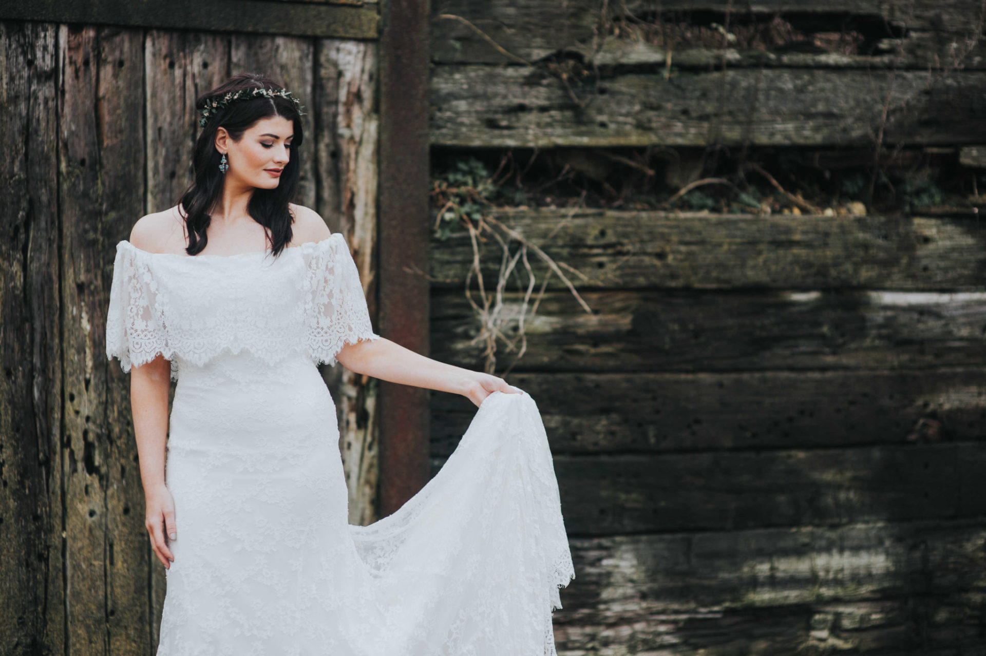 Off the Shoulder Lace Boho Wedding Dress 