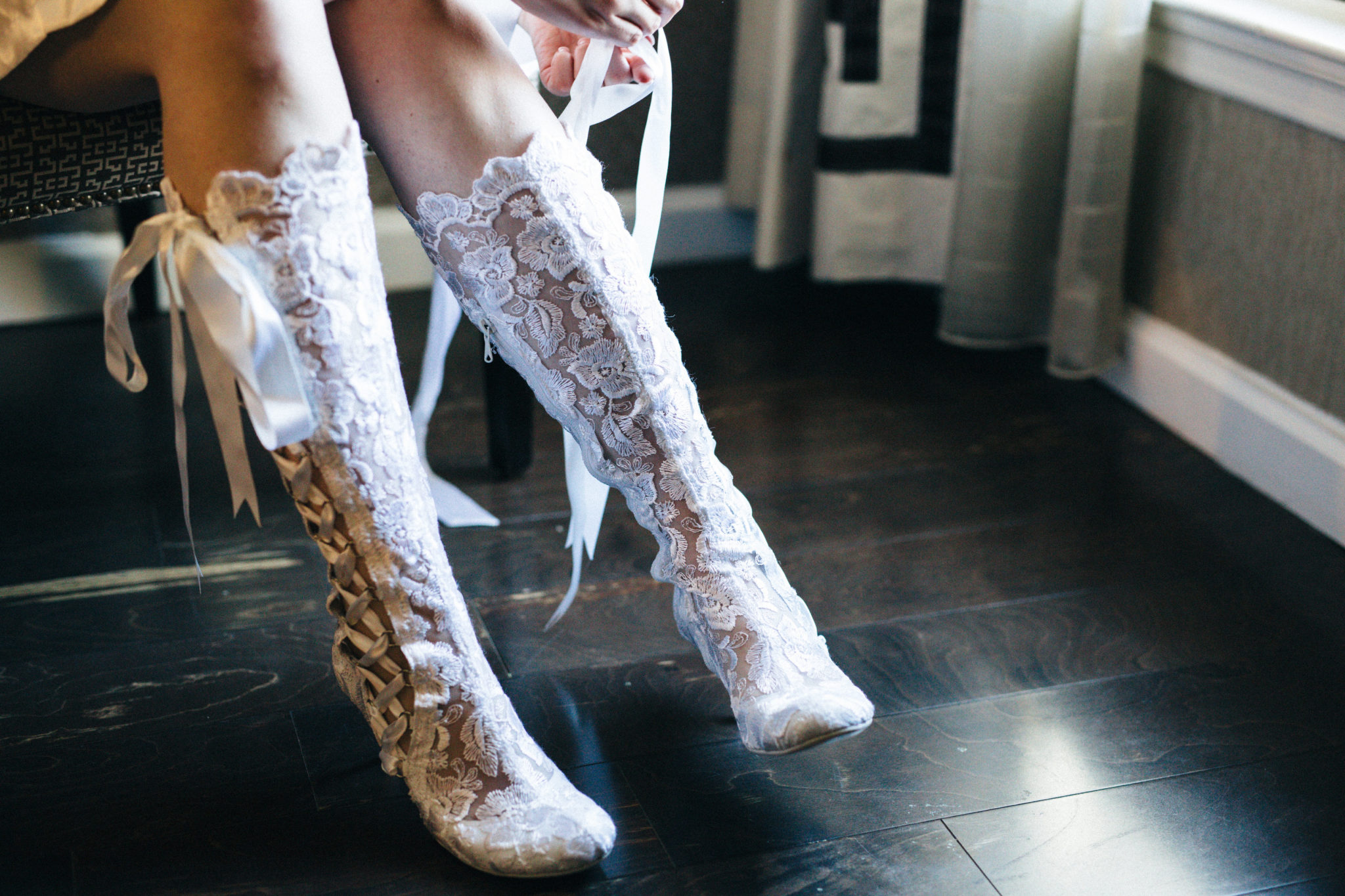 White Lace Knee High Wedding Boots 