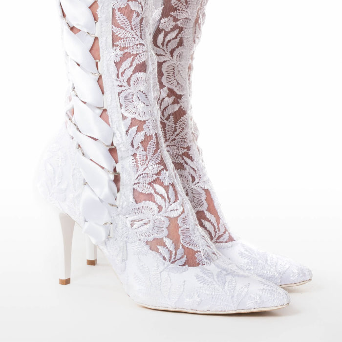 Goodnight Sweetheart white over the knee lace boots close up
