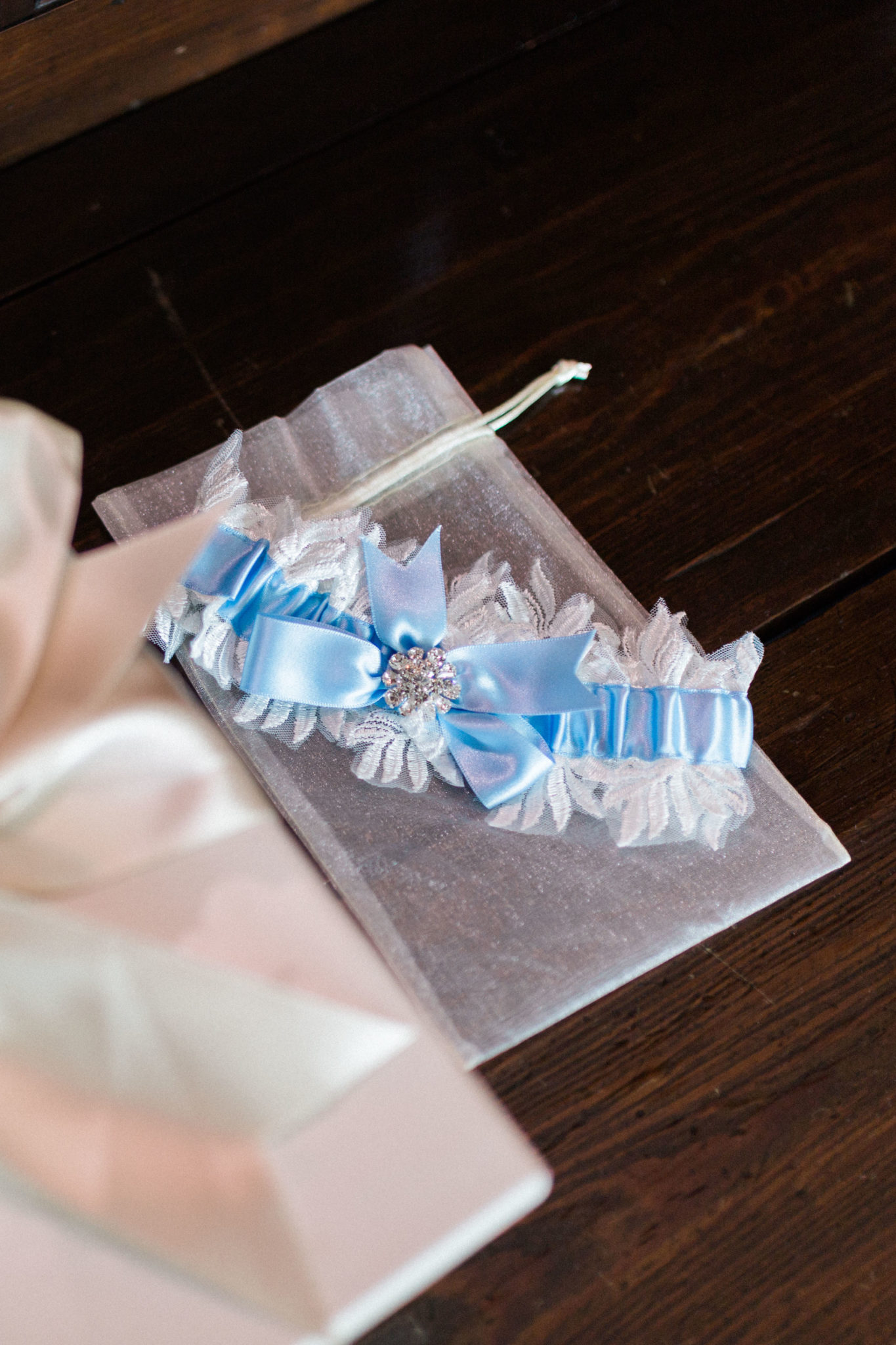 Ivory and Blue Lace Wedding Garter with Diamonte Detail