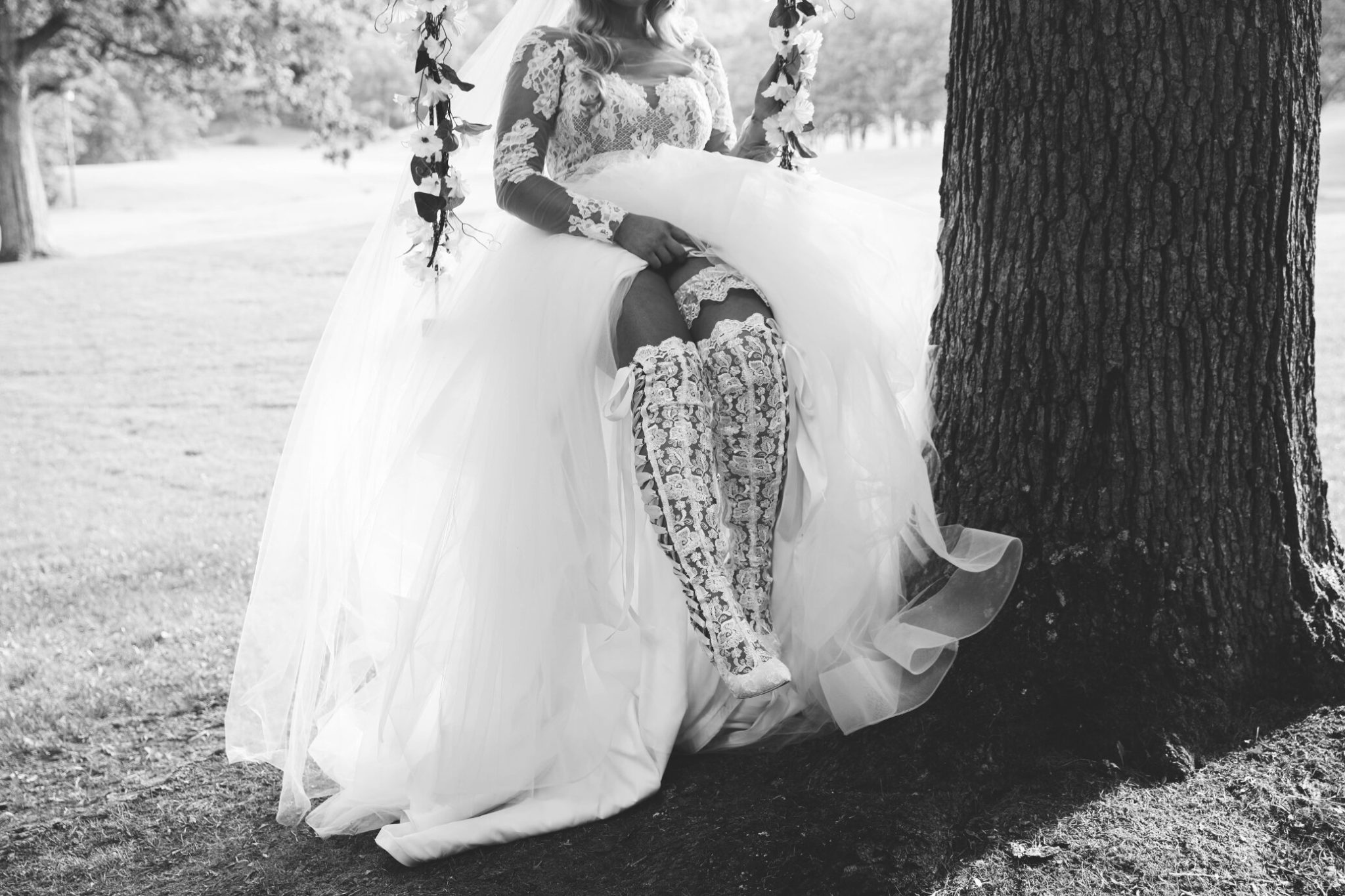 House of Elliot Real Bride Lauren wearing our Goodnight Sweetheart Lace over the knee bridal boots 
