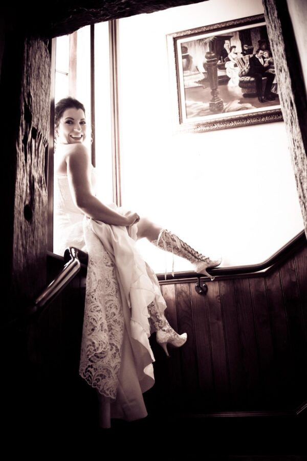 Frances Beatrice Elliot Lace Boots Bride Frances wearing Beatrice Elliot handmade knee high lace boots