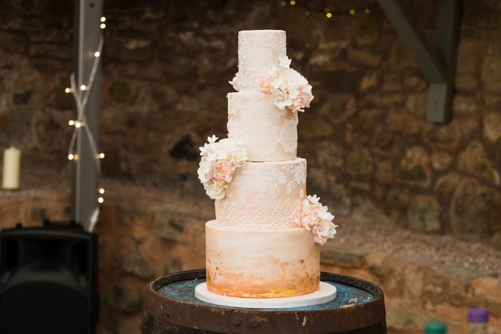 Peach and Lace Wedding Cake 