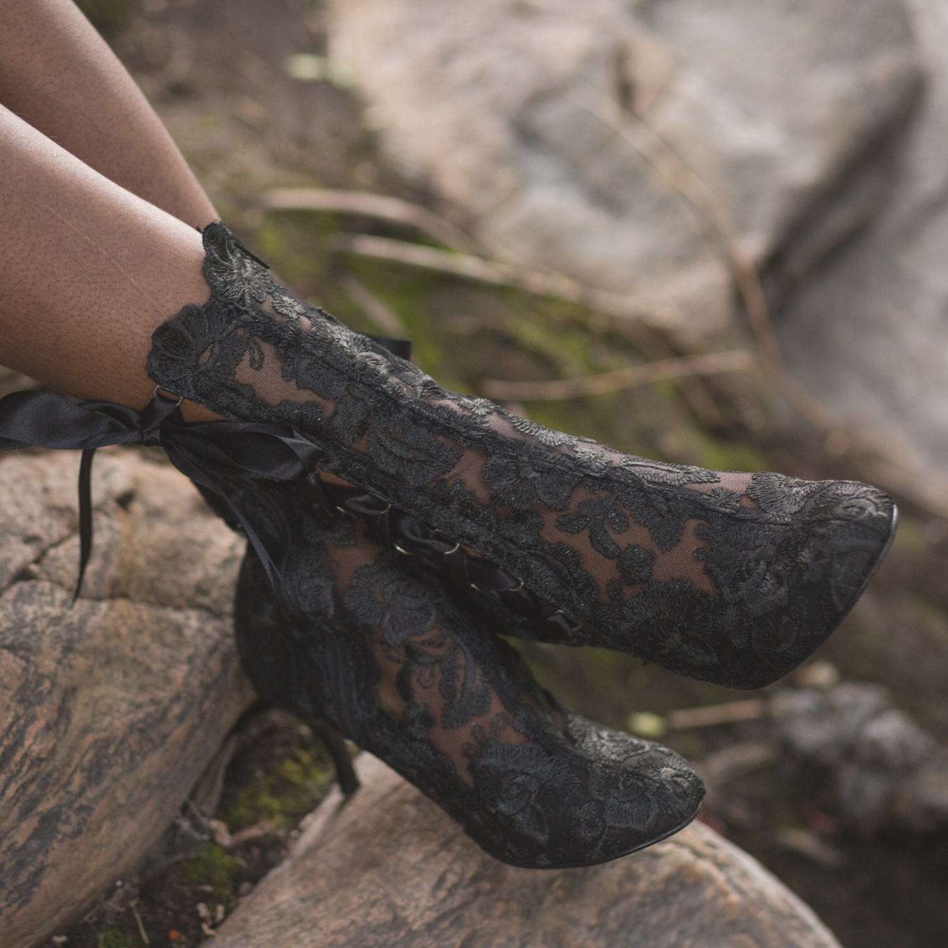 Black Lace Ankle Boots Low Heel