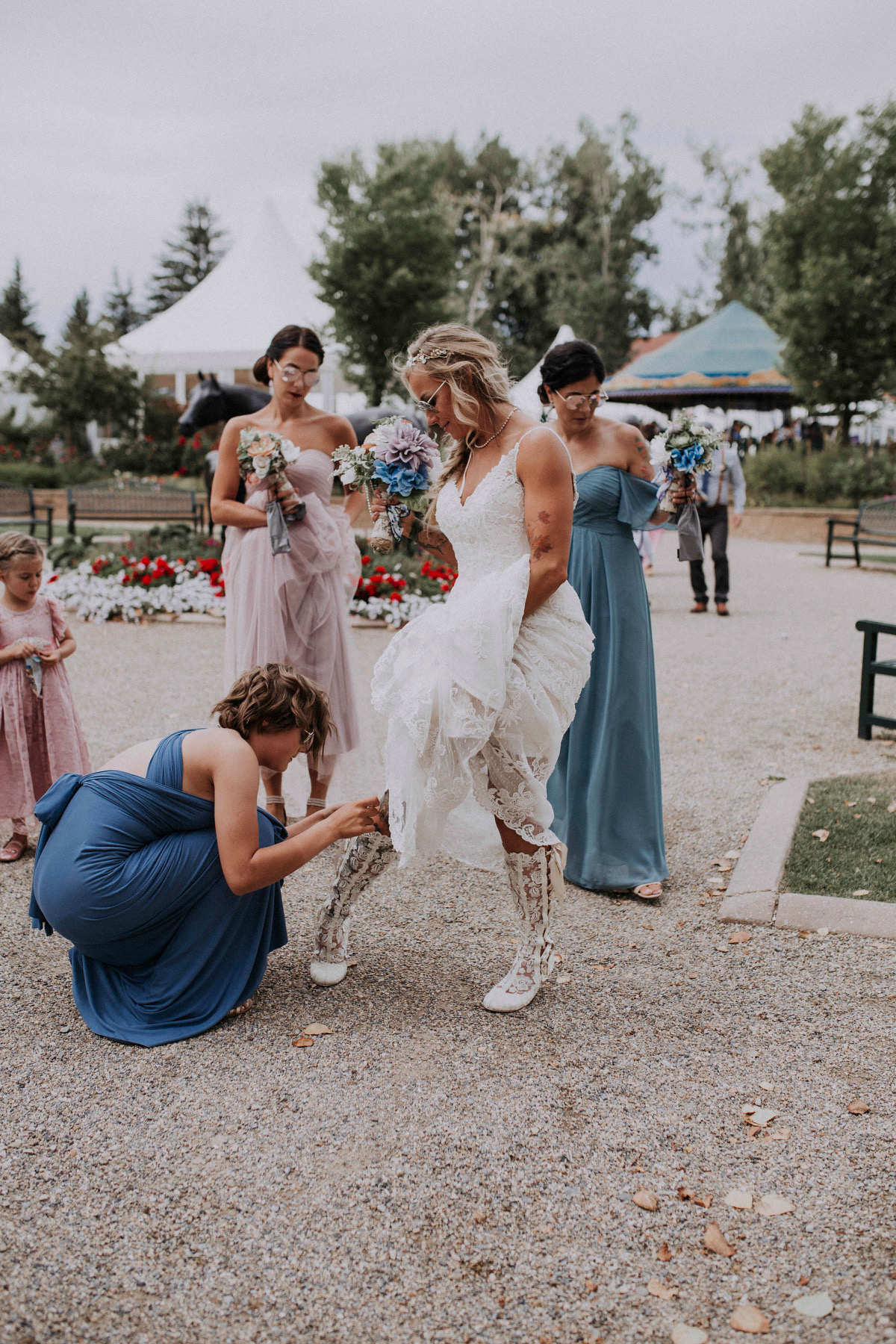 Bride Jessie wearing Evangeline Elliot vintage lace knee high bridal boot