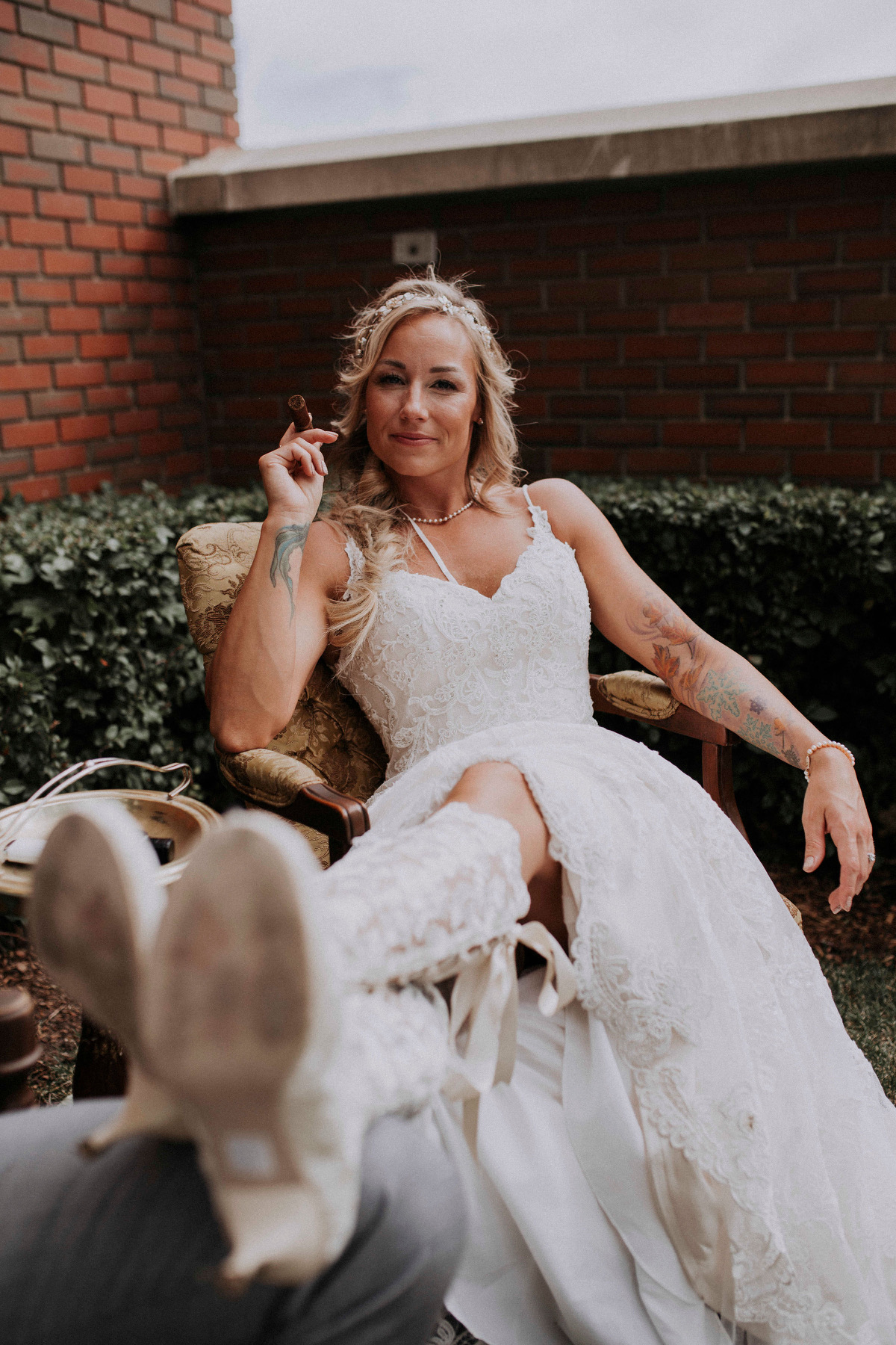 Bride Jessie wearing Evangeline Elliot vintage lace knee high bridal boots 