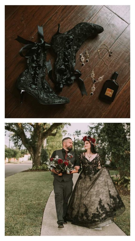 Bride Katie wearing black lace ankle boots