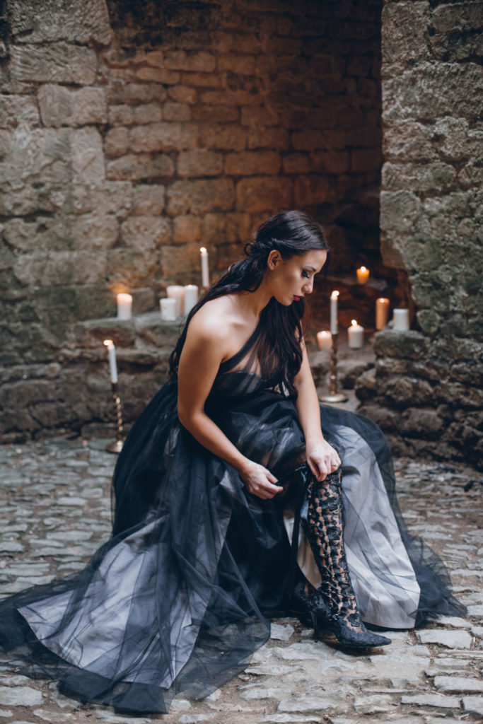 Gothic Wedding Dress with black lace wedding boots