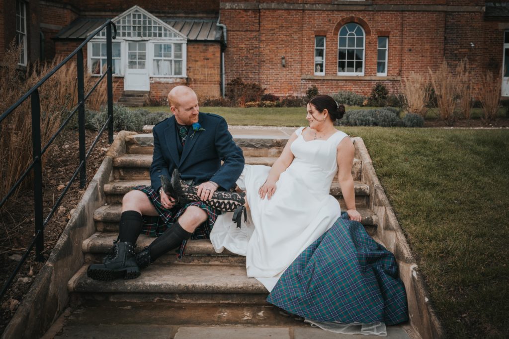 Real House of Elliot Bride Pamela wearing Evangeline Elliot Black Lace Wedding Boots