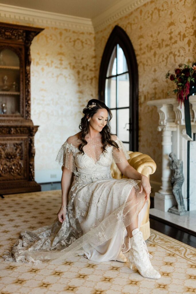 Real Bride Ashley wearing Josephine Victorian Boots and Claire Pettibone Dress