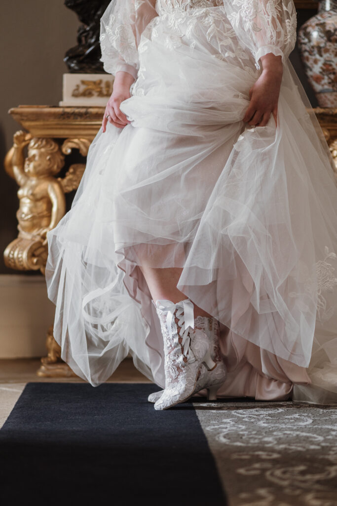 Lizzie Elliot White Lace Ankle Boots — stylish, modern bridal footwear for a Bridgerton inspired wedding